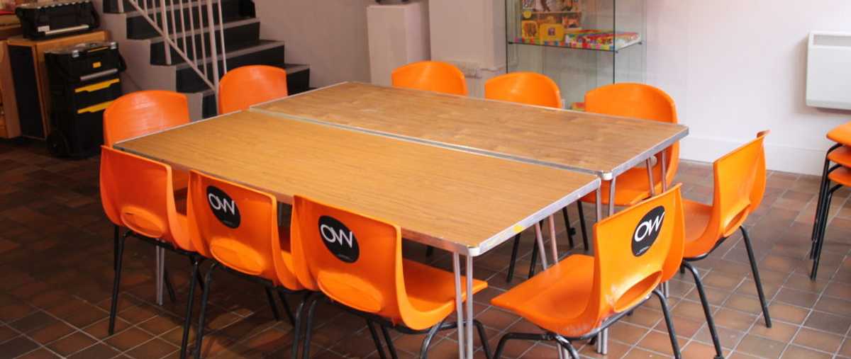 Low-cost, light and stackable tables and chairs at Oriel Wrecsam’s Workshop 12, North Wales. February 2015 Oriel Wrecsam