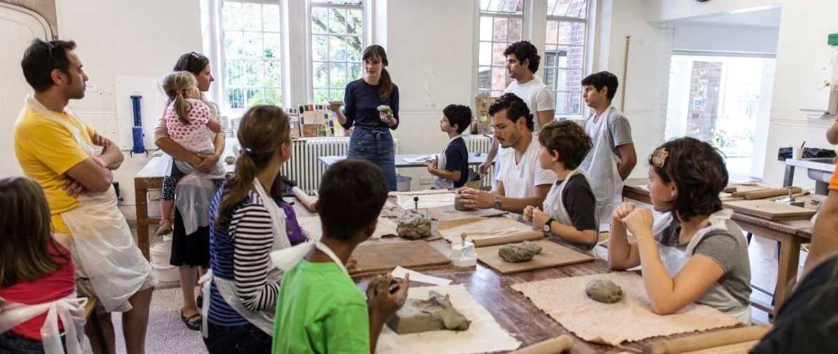 Family workshop in the Clore Ceramics Studio at Camden Arts Centre, London. Photo Hydar Dewachi